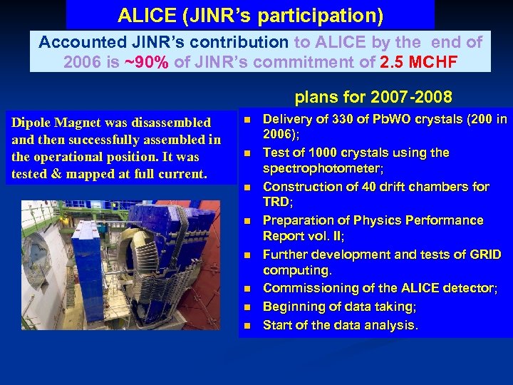 ALICE (JINR’s participation) Accounted JINR’s contribution to ALICE by the end of 2006 is