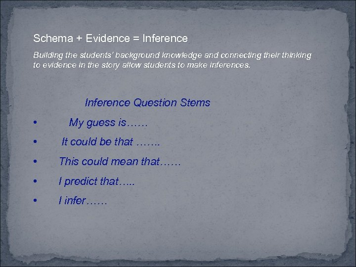 Schema + Evidence = Inference Building the students’ background knowledge and connecting their thinking