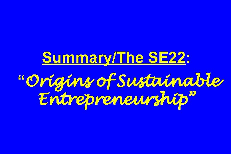 Summary/The SE 22: “Origins of Sustainable Entrepreneurship” 