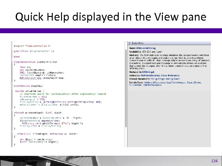 Quick Help displayed in the View pane 134 