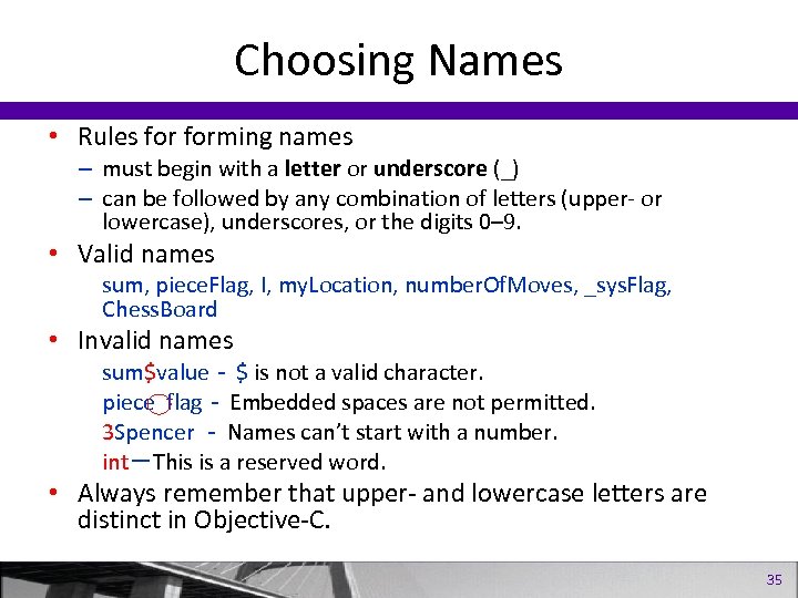 Choosing Names • Rules forming names – must begin with a letter or underscore