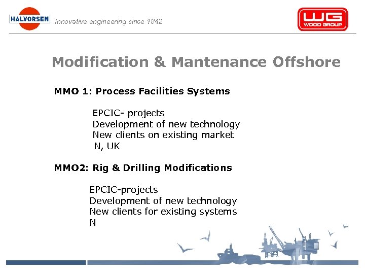 Innovative engineering since 1842 Modification & Mantenance Offshore MMO 1: Process Facilities Systems EPCIC-