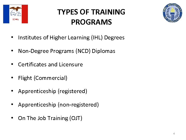 TYPES OF TRAINING PROGRAMS • Institutes of Higher Learning (IHL) Degrees • Non-Degree Programs