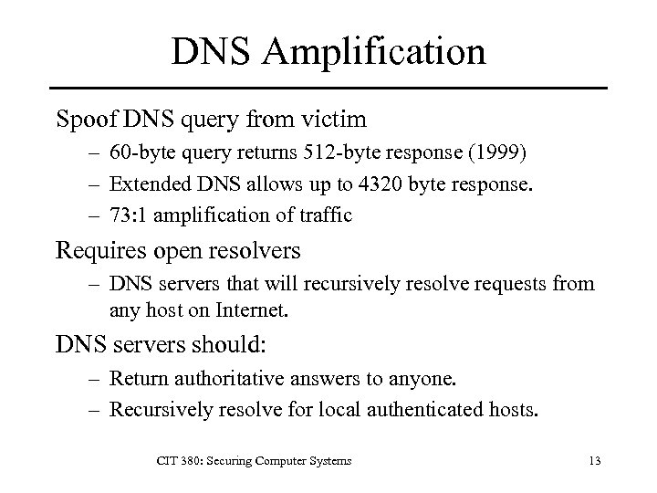 DNS Amplification Spoof DNS query from victim – 60 -byte query returns 512 -byte