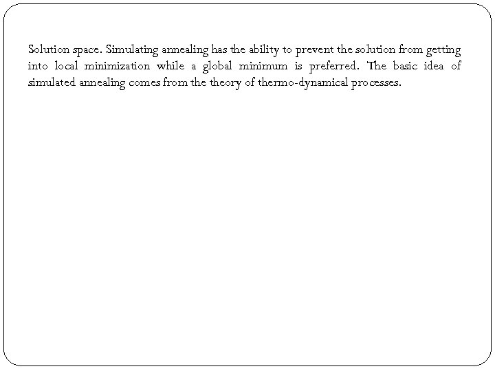 Solution space. Simulating annealing has the ability to prevent the solution from getting into