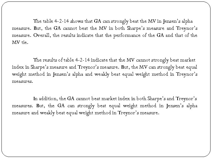 The table 4 -2 -14 shows that GA can strongly beat the MV in