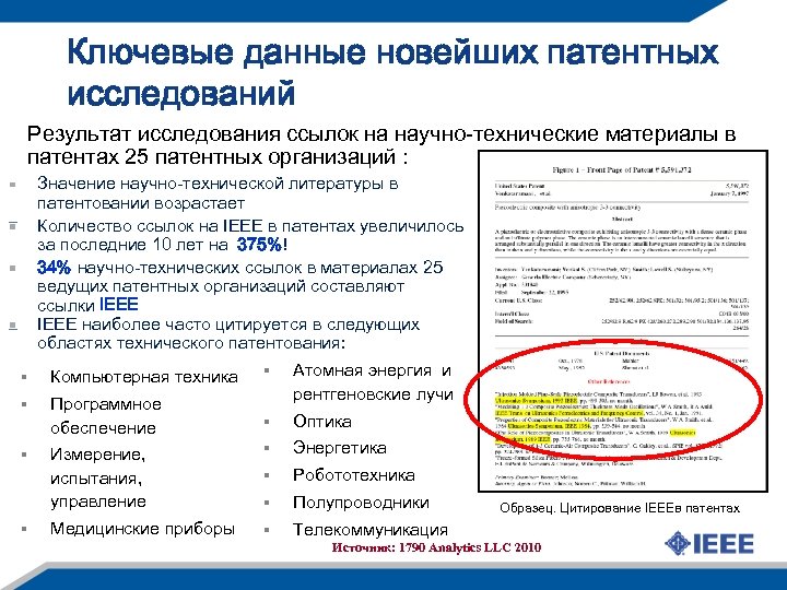 Ключевые данные новейших патентных исследований Результат исследования ссылок на научно-технические материалы в патентах 25