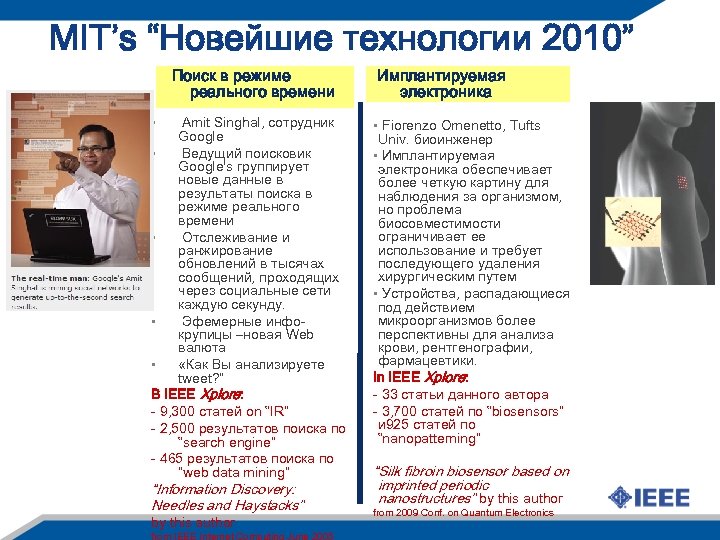 MIT’s “Новейшие технологии 2010” Поиск в режиме реального времени Amit Singhal, сотрудник Google •