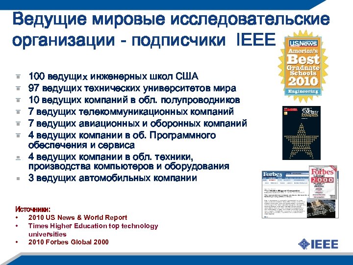 Ведущие мировые исследовательские организации - подписчики IEEE 100 ведущих инженерных школ США 97 ведущих