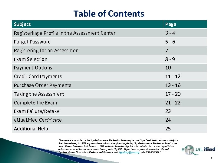 Table of Contents Subject Page Registering a Profile in the Assessment Center 3 -