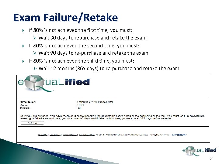 Exam Failure/Retake If 80% is not achieved the first time, you must: Ø Wait