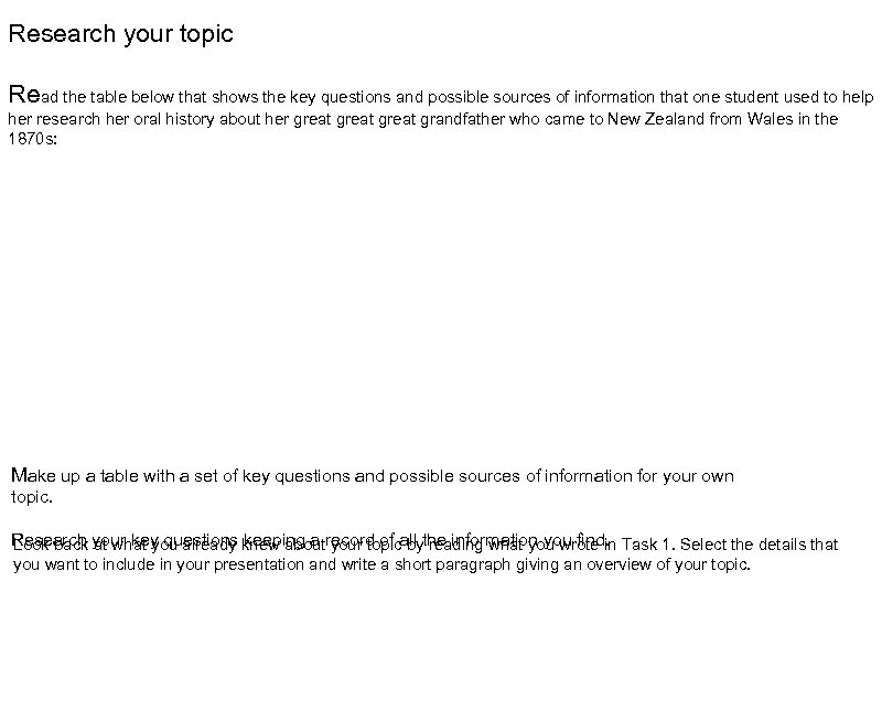 Research your topic Read the table below that shows the key questions and possible