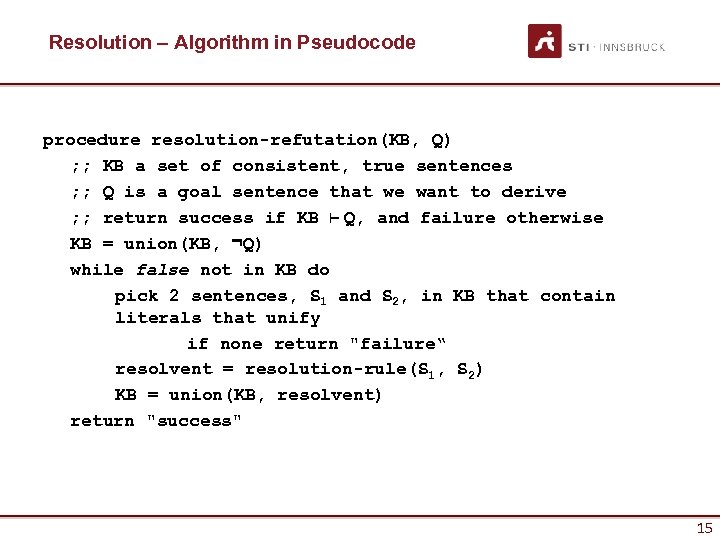 Resolution – Algorithm in Pseudocode procedure resolution-refutation(KB, Q) ; ; KB a set of