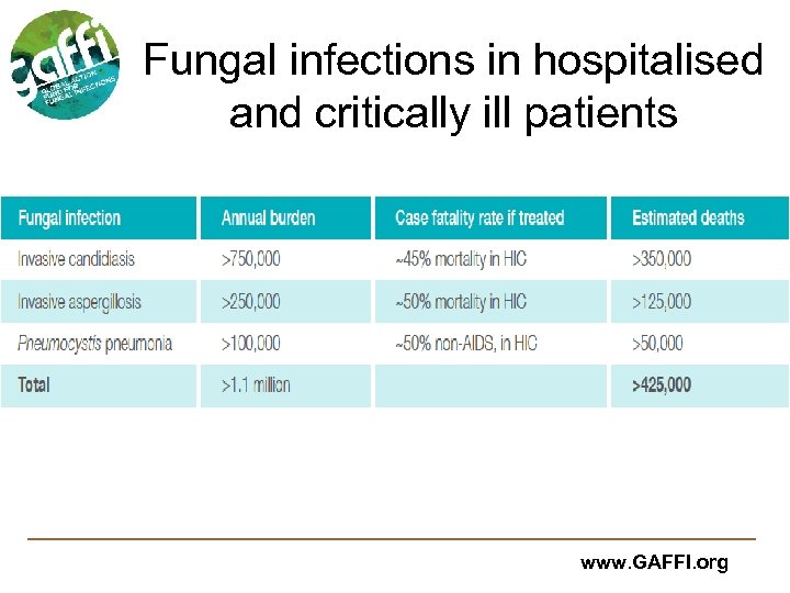 Fungal infections in hospitalised and critically ill patients www. GAFFI. org 