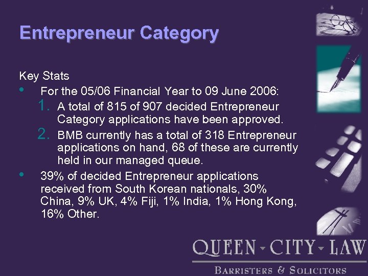 Entrepreneur Category Key Stats • For the 05/06 Financial Year to 09 June 2006: