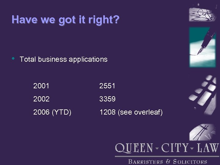 Have we got it right? • Total business applications 2001 2551 2002 3359 2006