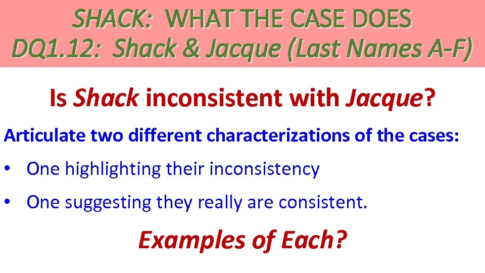 SHACK: WHAT THE CASE DOES DQ 1. 12: Shack & Jacque (Last Names A-F)