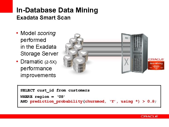 In-Database Data Mining Exadata Smart Scan • Model scoring performed in the Exadata Storage