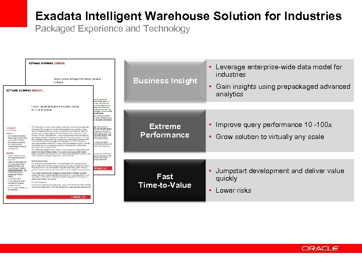 Exadata Intelligent Warehouse Solution for Industries Packaged Experience and Technology Business Insight Extreme Performance