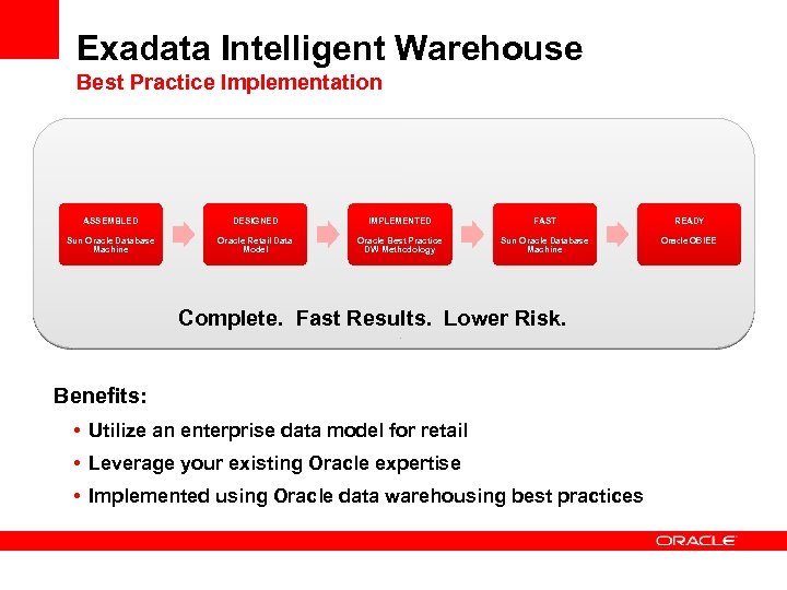 Exadata Intelligent Warehouse Best Practice Implementation ASSEMBLED DESIGNED IMPLEMENTED FAST READY Sun Oracle Database