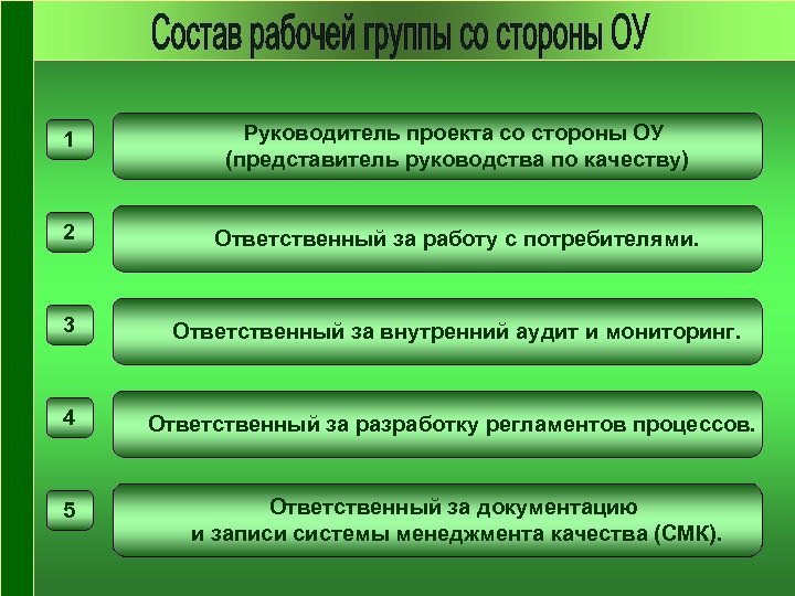 1 Руководитель проекта со стороны ОУ (представитель руководства по качеству) 2 Ответственный за работу