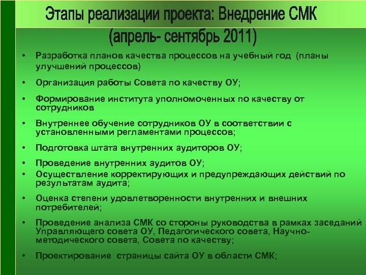  • Разработка планов качества процессов на учебный год (планы улучшений процессов) • Организация