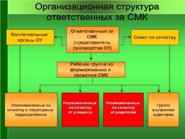 Коллегиальные органы ОУ Ответственный за СМК (представитель руководства ОУ) Совет по качеству Рабочая группа