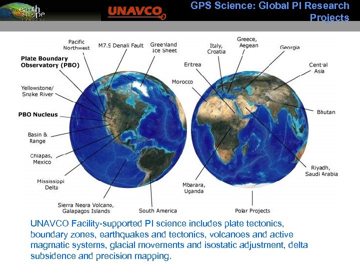 GPS Science: Global PI Research Projects UNAVCO Facility-supported PI science includes plate tectonics, boundary