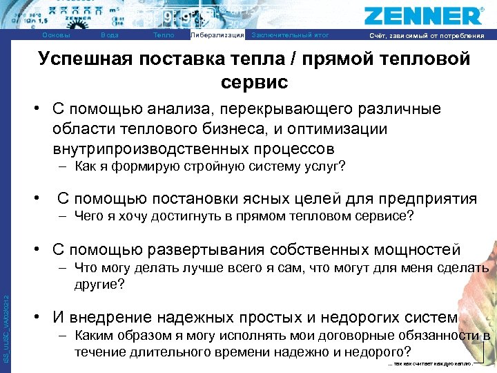 Основы Вода Тепло Либерализация Заключительный итог Счёт, зависимый от потребления Успешная поставка тепла /