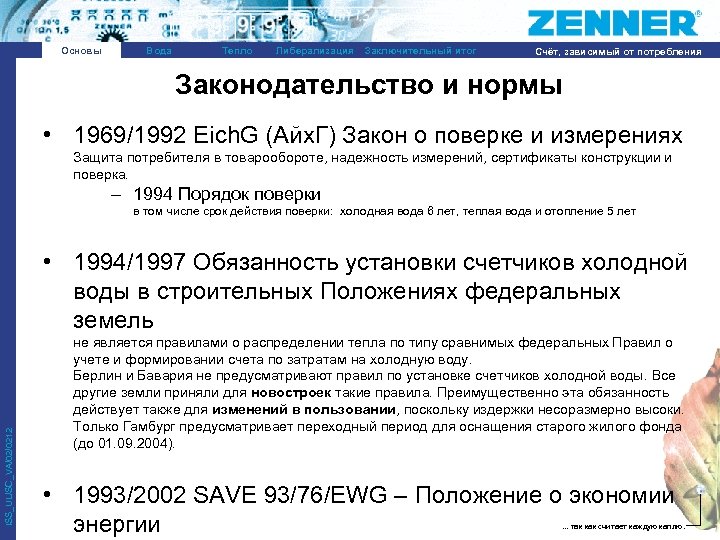 Основы Вода Тепло Либерализация Заключительный итог Счёт, зависимый от потребления Законодательство и нормы •