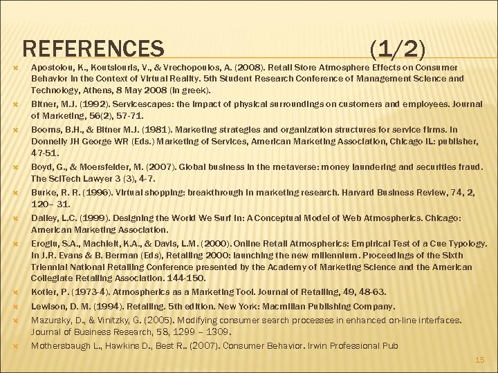 REFERENCES (1/2) Apostolou, K. , Koutsiouris, V. , & Vrechopoulos, A. (2008). Retail Store