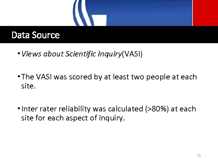 Data Source • Views about Scientific Inquiry(VASI) • The VASI was scored by at