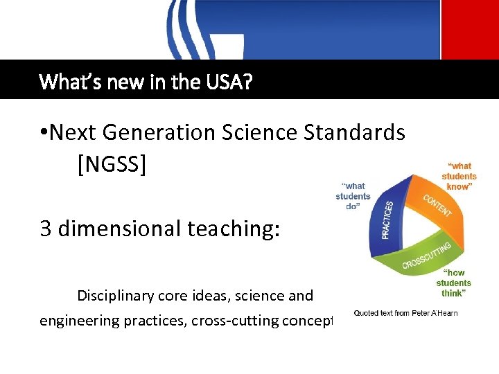 What’s new in the USA? • Next Generation Science Standards [NGSS] 3 dimensional teaching: