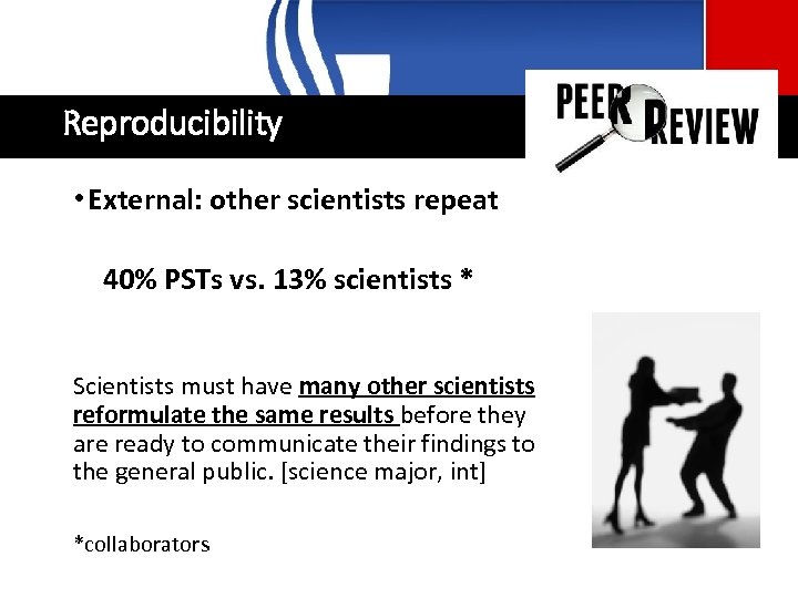 Reproducibility • External: other scientists repeat 40% PSTs vs. 13% scientists * Scientists must