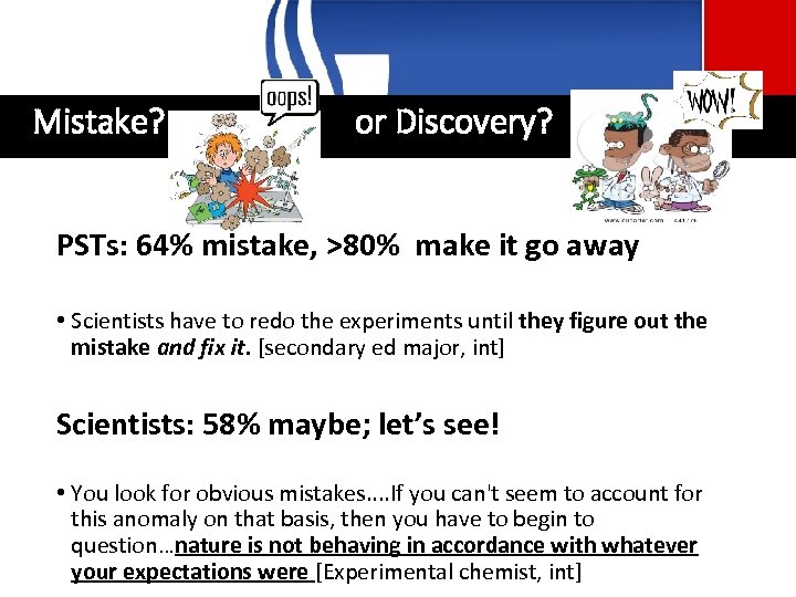Mistake? or Discovery? PSTs: 64% mistake, >80% make it go away • Scientists have