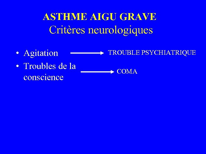 ASTHME AIGU GRAVE Critères neurologiques • Agitation • Troubles de la conscience TROUBLE PSYCHIATRIQUE