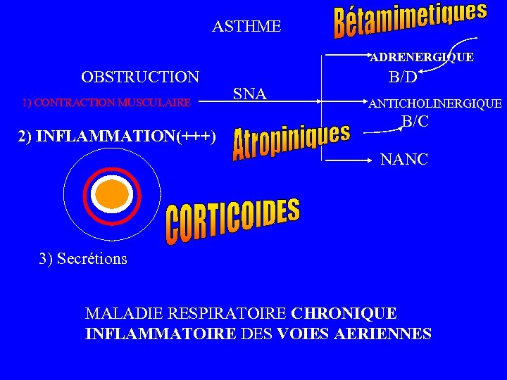 ASTHME ADRENERGIQUE OBSTRUCTION 1) CONTRACTION MUSCULAIRE 2) INFLAMMATION(+++) SNA B/D ANTICHOLINERGIQUE B/C NANC 3)