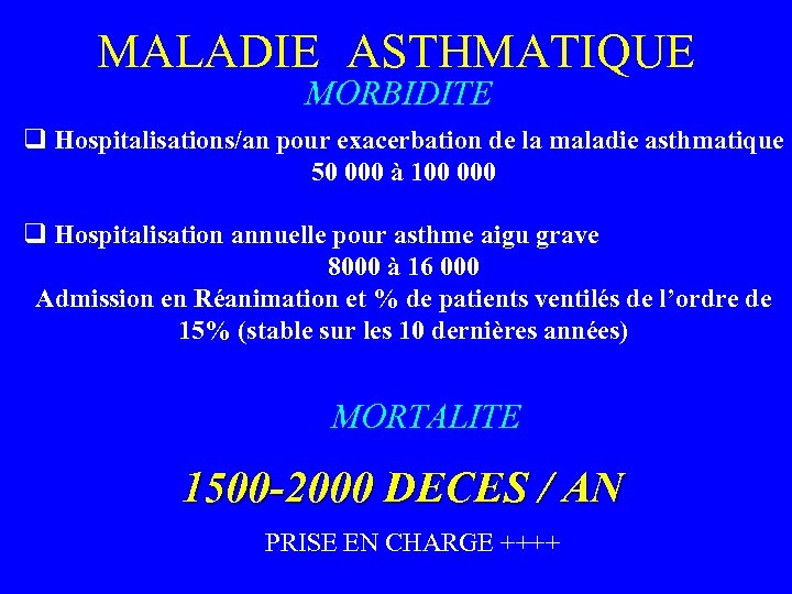 MALADIE ASTHMATIQUE MORBIDITE q Hospitalisations/an pour exacerbation de la maladie asthmatique 50 000 à