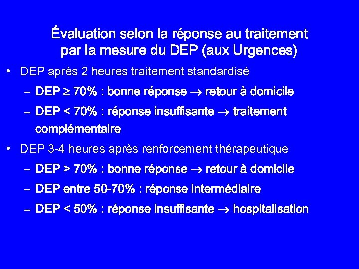 Évaluation selon la réponse au traitement par la mesure du DEP (aux Urgences) •