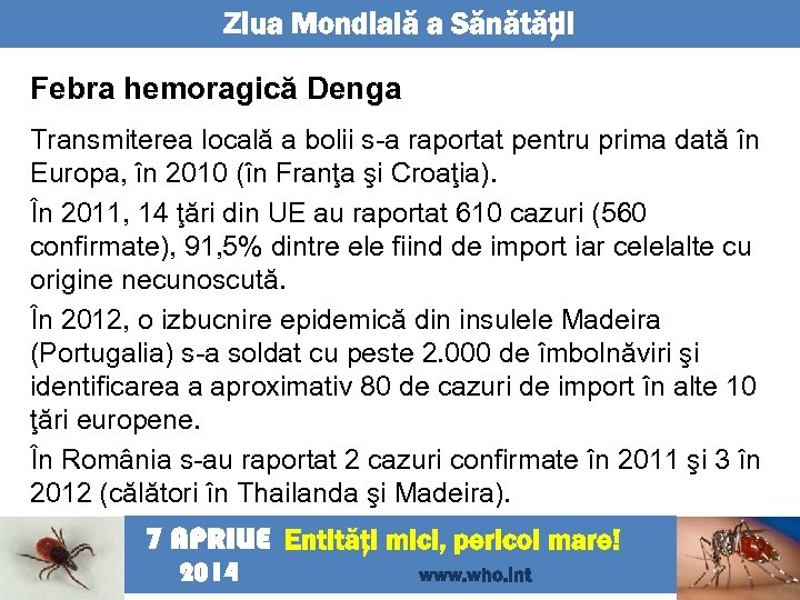 Ziua Mondială a Sănătăţii Febra hemoragică Denga Transmiterea locală a bolii s-a raportat pentru