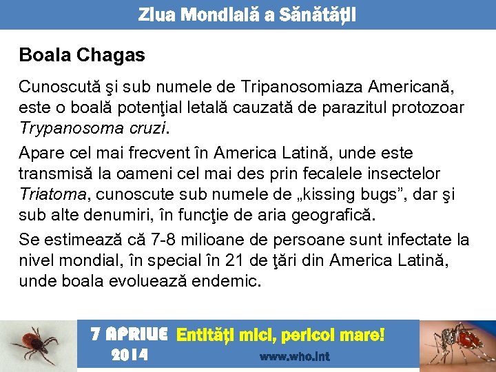 Ziua Mondială a Sănătăţii Boala Chagas Cunoscută şi sub numele de Tripanosomiaza Americană, este