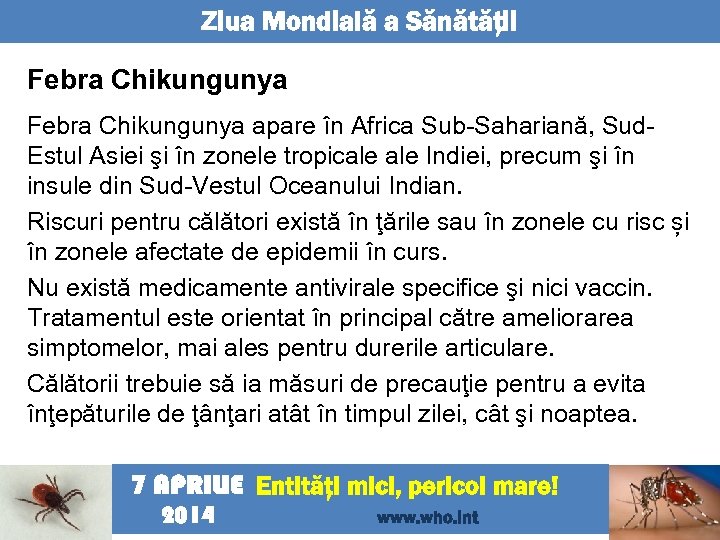Ziua Mondială a Sănătăţii Febra Chikungunya apare în Africa Sub-Sahariană, Sud. Estul Asiei şi