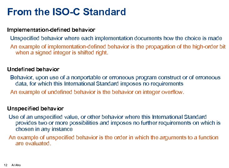 From the ISO-C Standard Implementation-defined behavior Unspecified behavior where each implementation documents how the