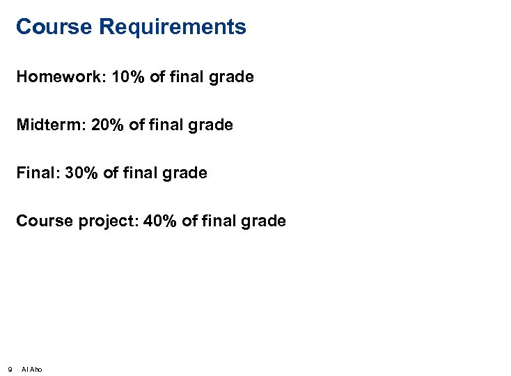 Course Requirements Homework: 10% of final grade Midterm: 20% of final grade Final: 30%