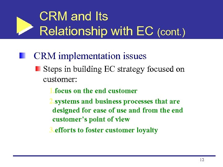 CRM and Its Relationship with EC (cont. ) CRM implementation issues Steps in building