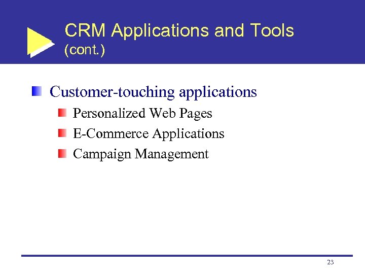 CRM Applications and Tools (cont. ) Customer-touching applications Personalized Web Pages E-Commerce Applications Campaign