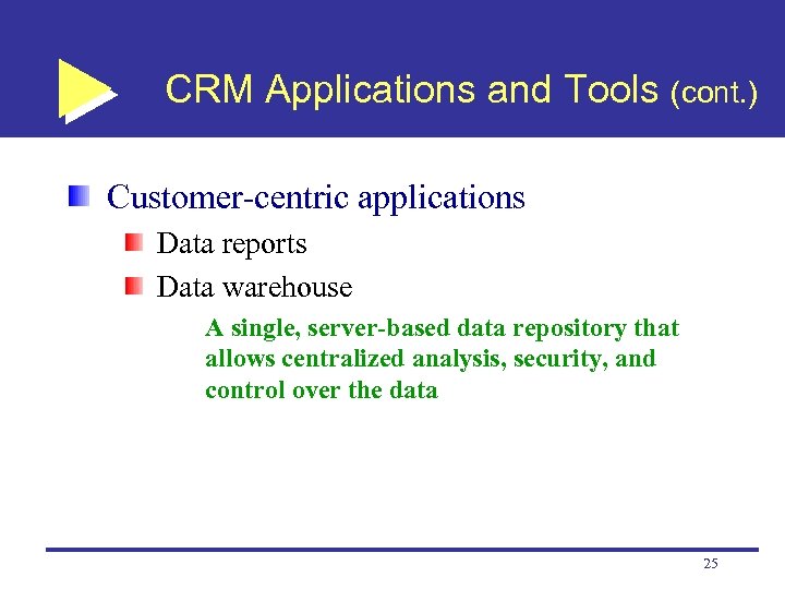 CRM Applications and Tools (cont. ) Customer-centric applications Data reports Data warehouse A single,