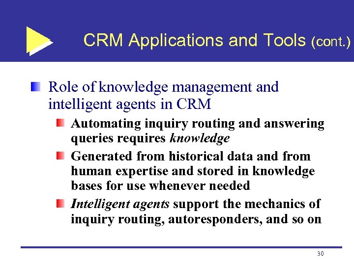 CRM Applications and Tools (cont. ) Role of knowledge management and intelligent agents in