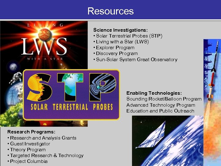 Resources Science Investigations: • Solar Terrestrial Probes (STP) • Living with a Star (LWS)