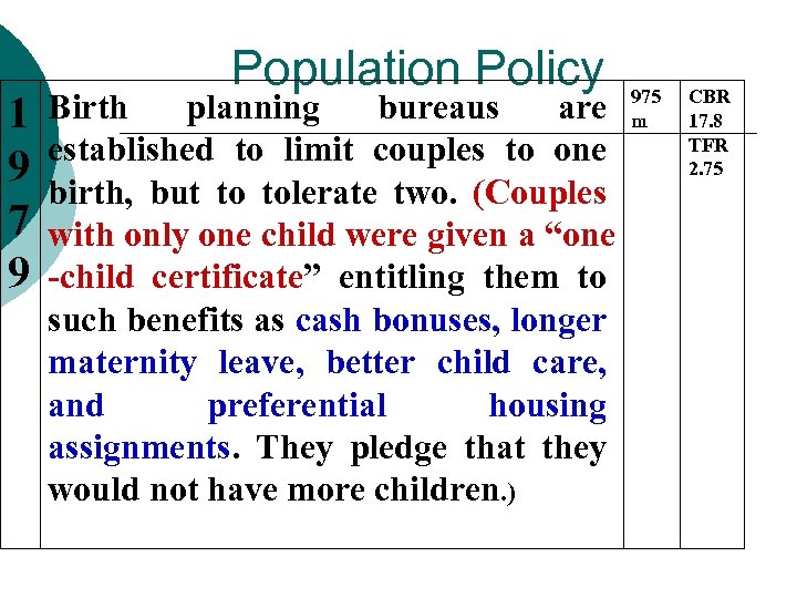 1 9 7 9 Population Policy Birth planning bureaus are established to limit couples